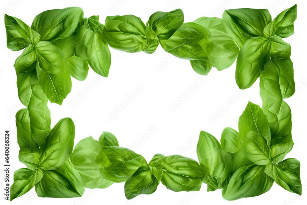 Frame / border made of fresh basil leaves isolated on transparent