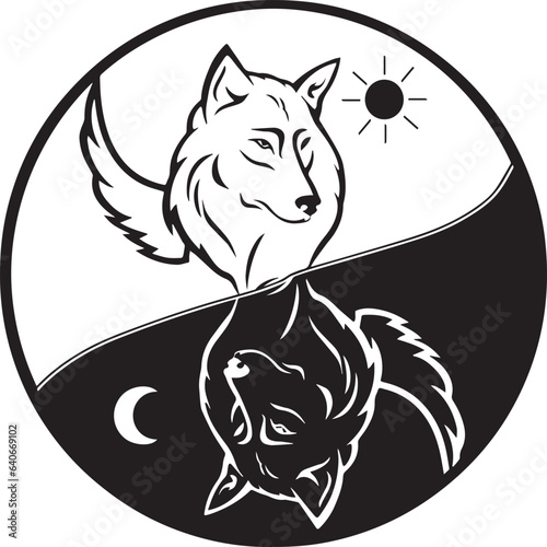 Illustration of yin yang wolf. Portrait of black and white dogs of yin yang. Vector illustration for the children. Tattoo. yin yang logo fun black and white illustration of wolf inside balance zen.