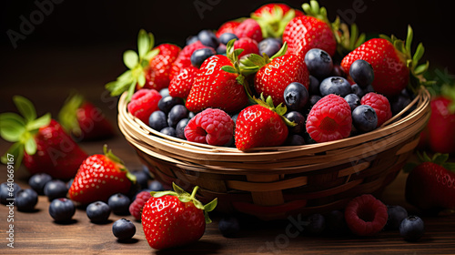 red and blue fresh sweet berries in a wicker basket.