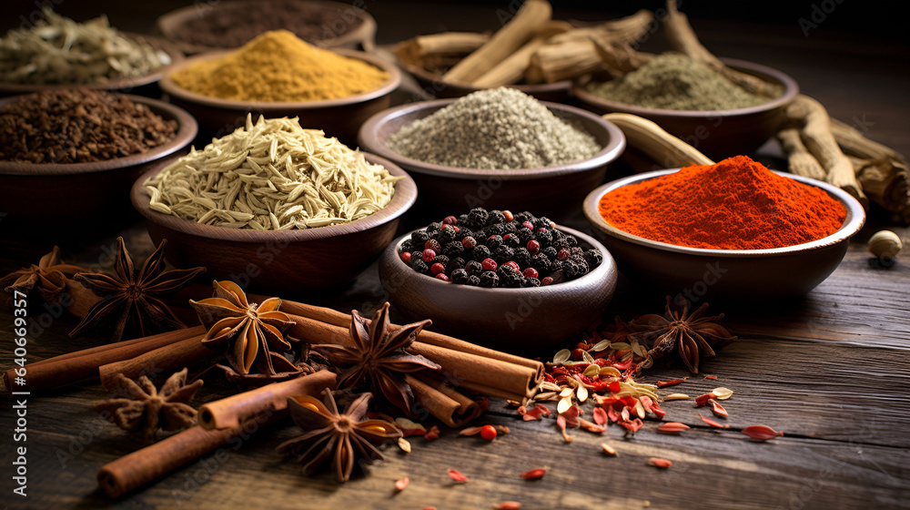 Hot spices for cooking health benefits on wooden background Hot spices for cooking health benefits on wooden background