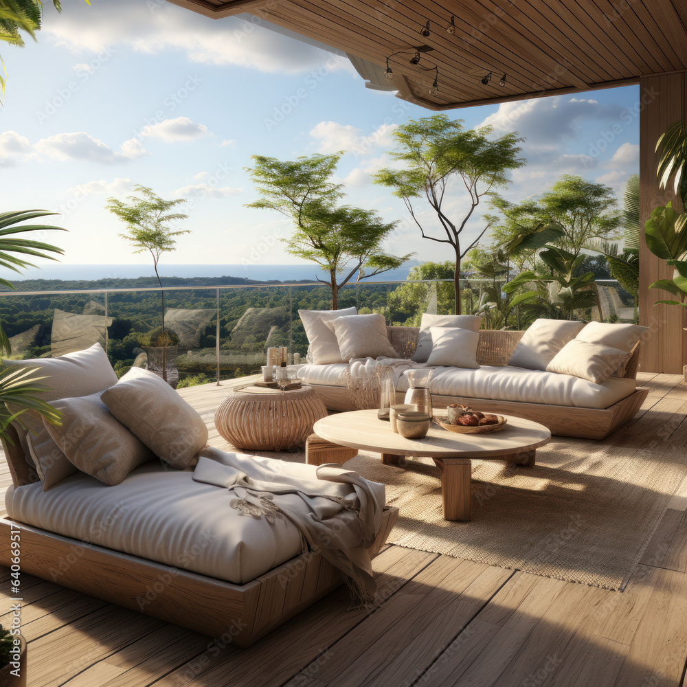  cool airy balcony 3d render tropical 8k relaxing 

