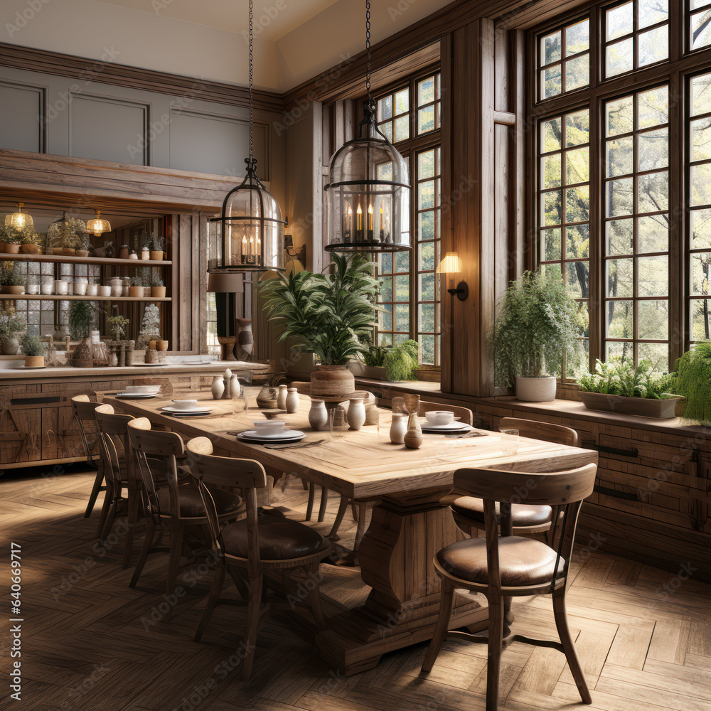 warm rustic dining room 3d render traditional
