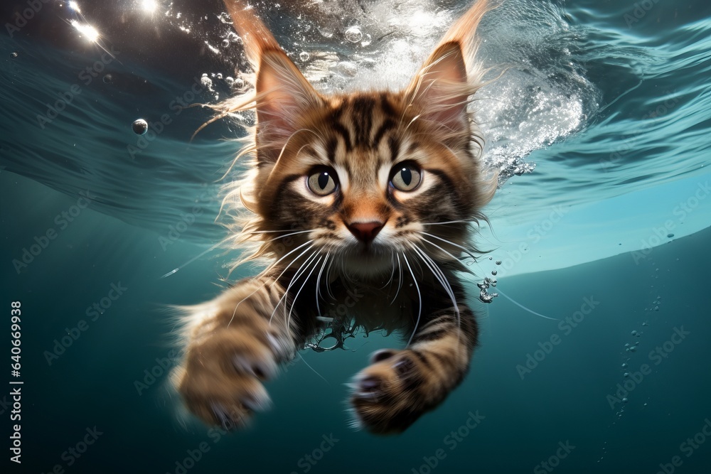 a huge maine coon kitten or gown-up cat swimming in the bright blue water, diving under water close-up photography a huge maine coon kitten or gown-up cat swimming in the bright blue water, diving under water close-up photography
