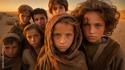 a group of children living the nomad lifestyle in the desert among the dunes of sand, golden hour.