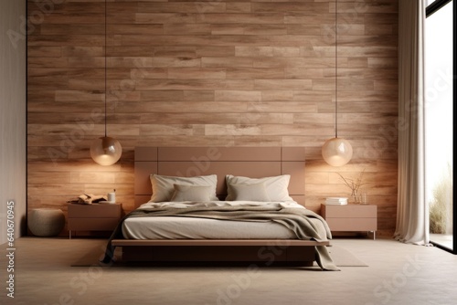 Perfect wooden bedroom, designer interior design details of luxurious natural furnished bedroom