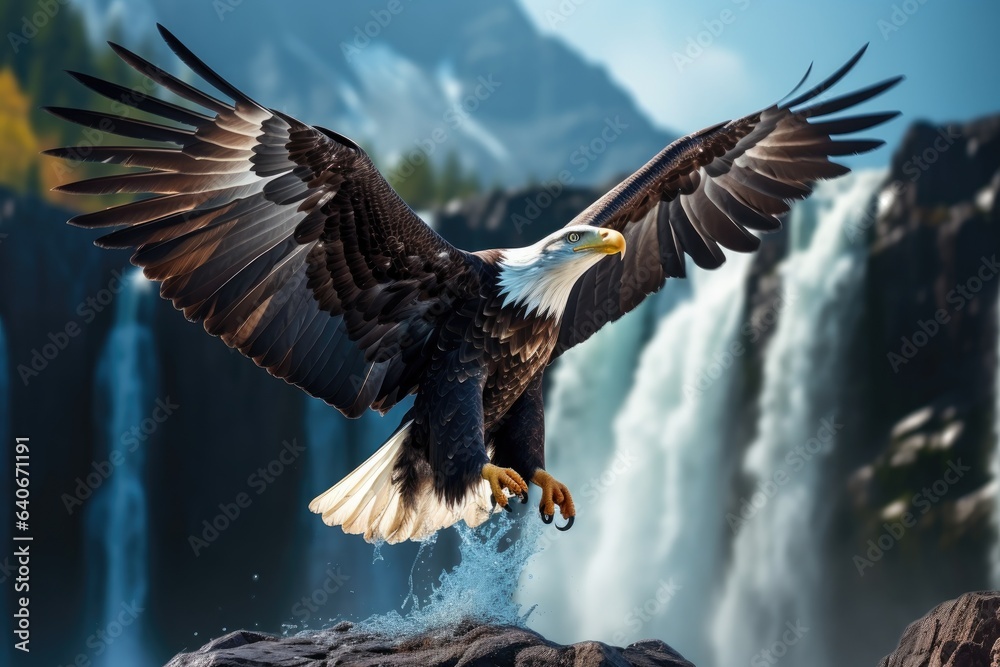Fototapeta premium eagle fly on waterfall background in forest