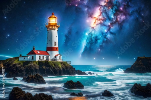 Wallpaper Mural Picture a surreal lighthouse on the edge of a cosmic ocean, its light beam piercing through nebulae and star clusters - AI Generative Torontodigital.ca