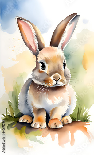 Watercolor portrait of rabbit on the grass.