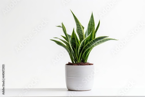 mother-in-law's tongue plant in pot on white wall background