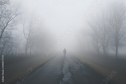 Wallpaper Mural Silhouette of man who walking alone in foggy autumn or winter asphalt road rear view