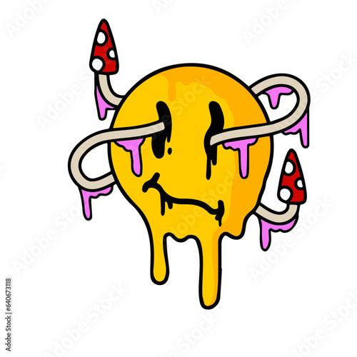 Acid smile face with brain. Melted rave and techno symbol of 90s. Crazy mushroom
