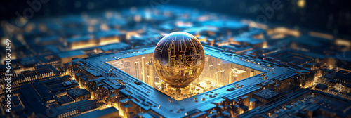 A computer circuit board with a glowing globe on it. Artificial intelligence concept. photo