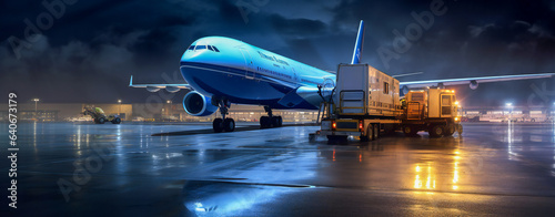 Canvas Print Large passenger aircraft being loaded in the night at airport