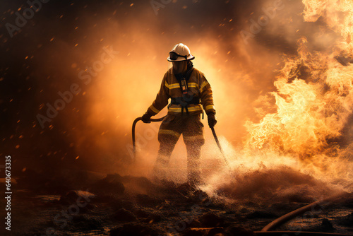 A firefighter in the woods, fighting fire