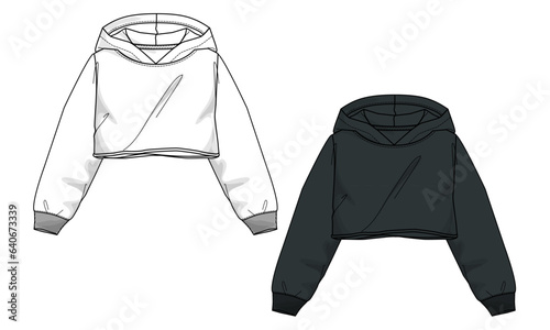 Long sleeve hoodie technical drawing fashion flat sketch vector illustration white and black color  template for women's 