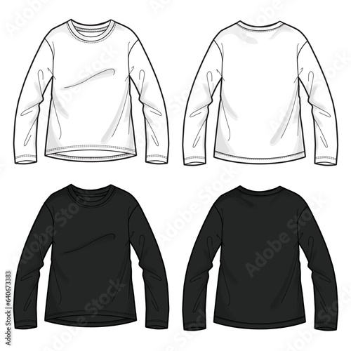 Long sleeve t shirt technical fashion flat sketch template for ladies. Apparel Cotton jersey vector illustration drawing mock up front, views. Clothing t shirt design for women's