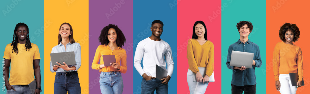 © Prostock-studio - Online Education. Group Of Multicultural Women Study Remotely With Laptop Computers, Happy Multiethnic Females Using Modern Devices For E-Learning, Posing Over Colorful Studio Background, Collage
