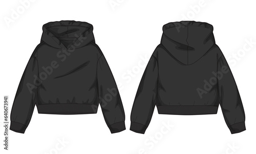 Long sleeve hoodie technical drawing fashion flat sketch vector illustration black color template for women's 