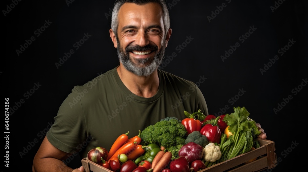 A man holding a box with fresh vegetables. Healthy eating concept. A man holding a box with fresh vegetables. Healthy eating concept.