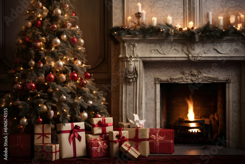 christmas tree with gifts and a fireplace