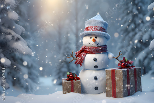 snowman in winter with gifts