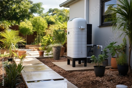Fotografia A rainwater harvesting system with a water tank and filtration unit