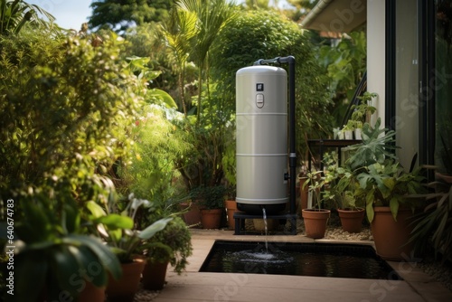A rainwater harvesting system with a water tank and filtration unit © sirisakboakaew