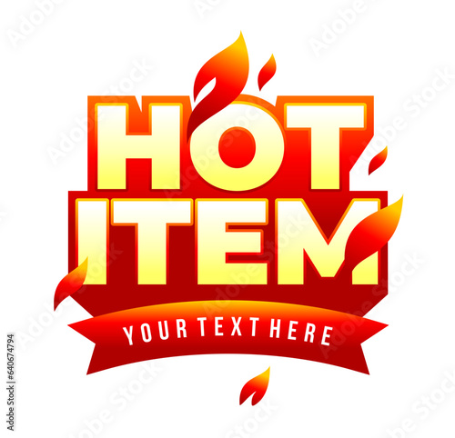 Label hot item vector with fire flame in extrude long shadow template design