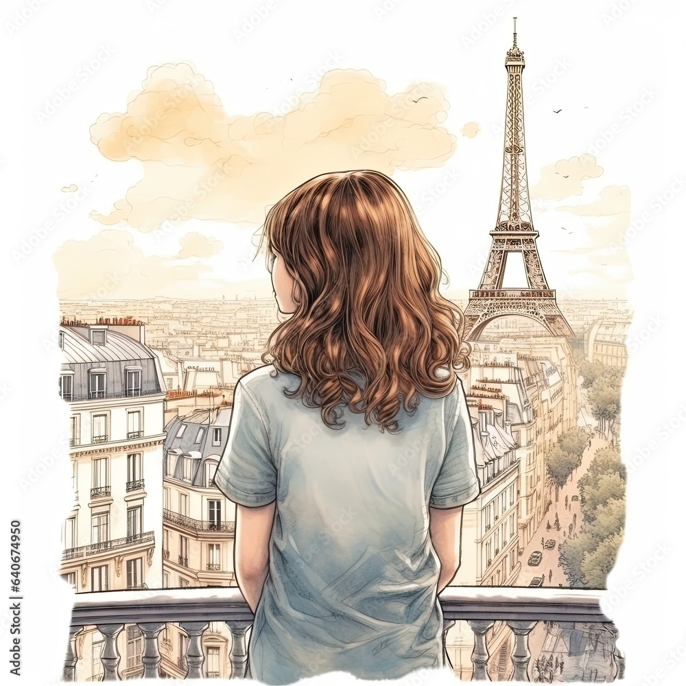 Fototapeta premium Watercolor illustration for children depicting a girl on the background of Paris