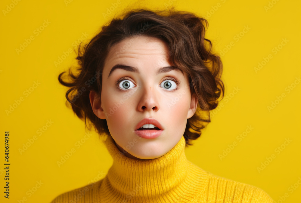 Portrait of a young redhead woman wearing a surprised and slightly confused expression, evoking humor and curiosity, isolated against a vibrant yellow background. - obrazy, fototapety, plakaty 