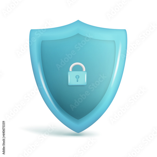 Realistic 3d blue security safe icon with padlock. Customer 3d glossy guaranteed protection symbol, quality protected shield emblem. Vector illustration isolated on white background