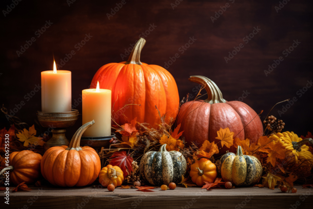 Autumn setting with candles and pumpkins. Thanksgiving table decoration. Autumn setting with candles and pumpkins. Thanksgiving table decoration.