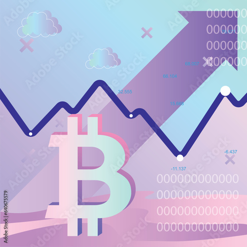 Creative infographics bitcoin sign on the stock exchange background with a graph of the rise and fall of the stock exchange, charts. Vector for describing SMM and banners for the exchange and market