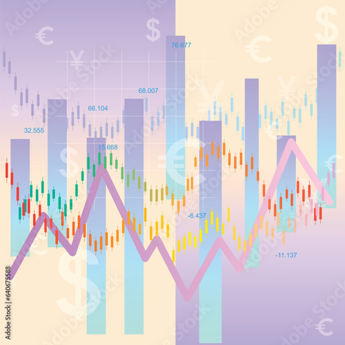 Creative background infographics, world currencies, stock candlesticks, the rise and fall of the stock exchange, charts. Vector for describing SMM and banners for the exchange and market