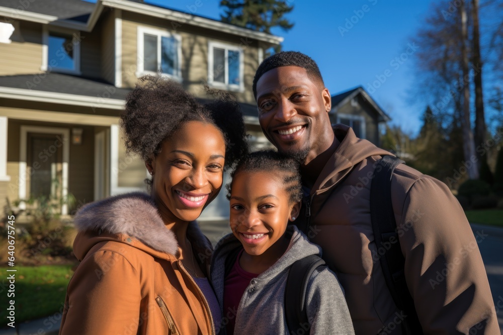 African American family in front of newly bought house ownership smile proudly