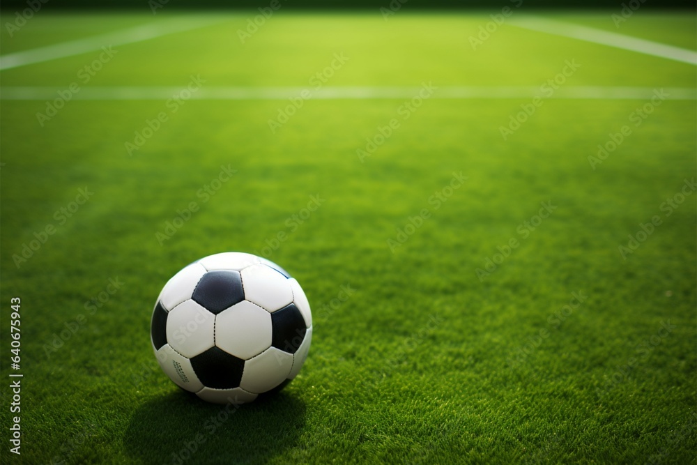 A soccer ball against a picturesque soccer field background