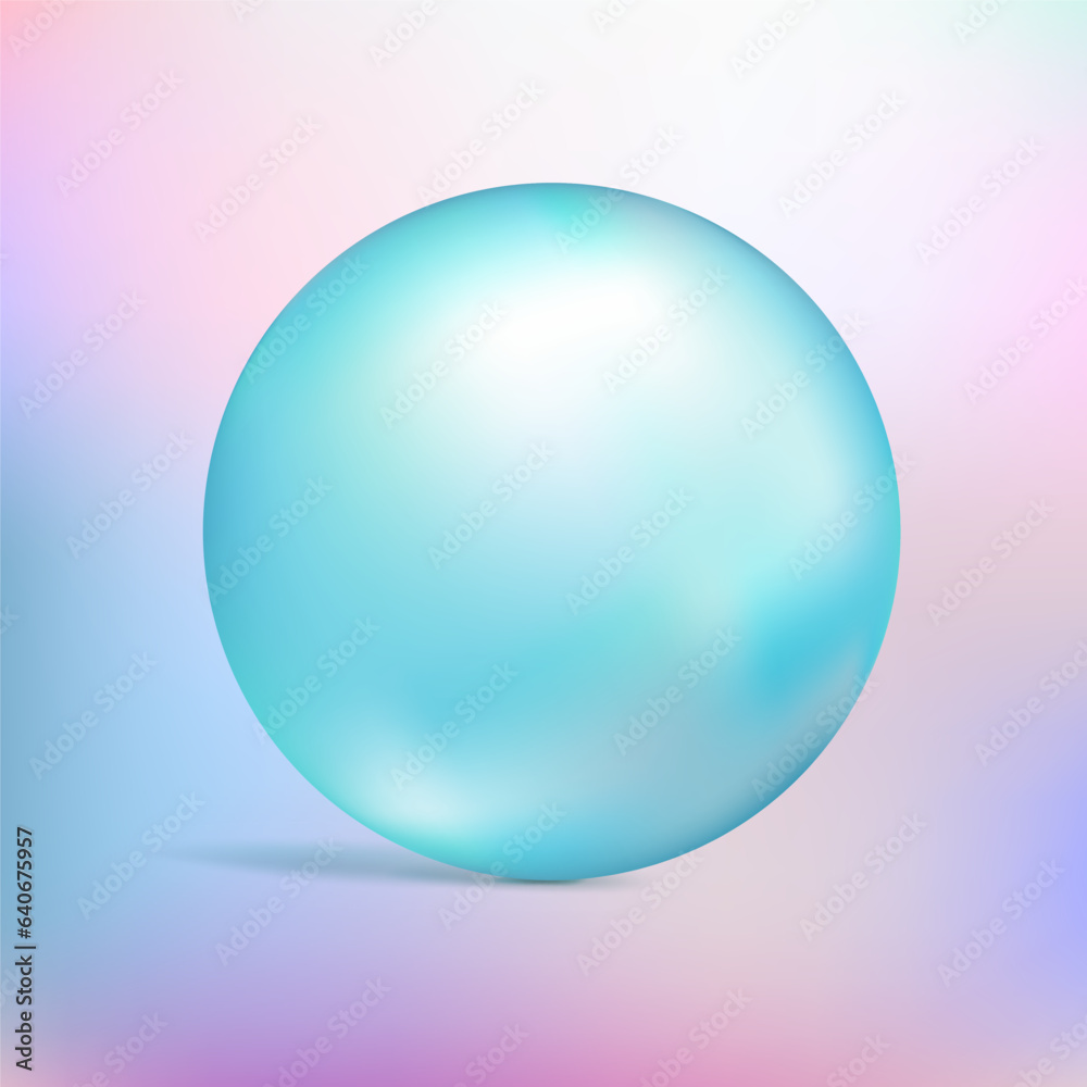 Realistic 3d glossy blue sea pearl. Spherical beautiful 3d natural jewel gems, natural round shape, jewelry element, romance or love symbol. Abstract vector illustration on multi color background