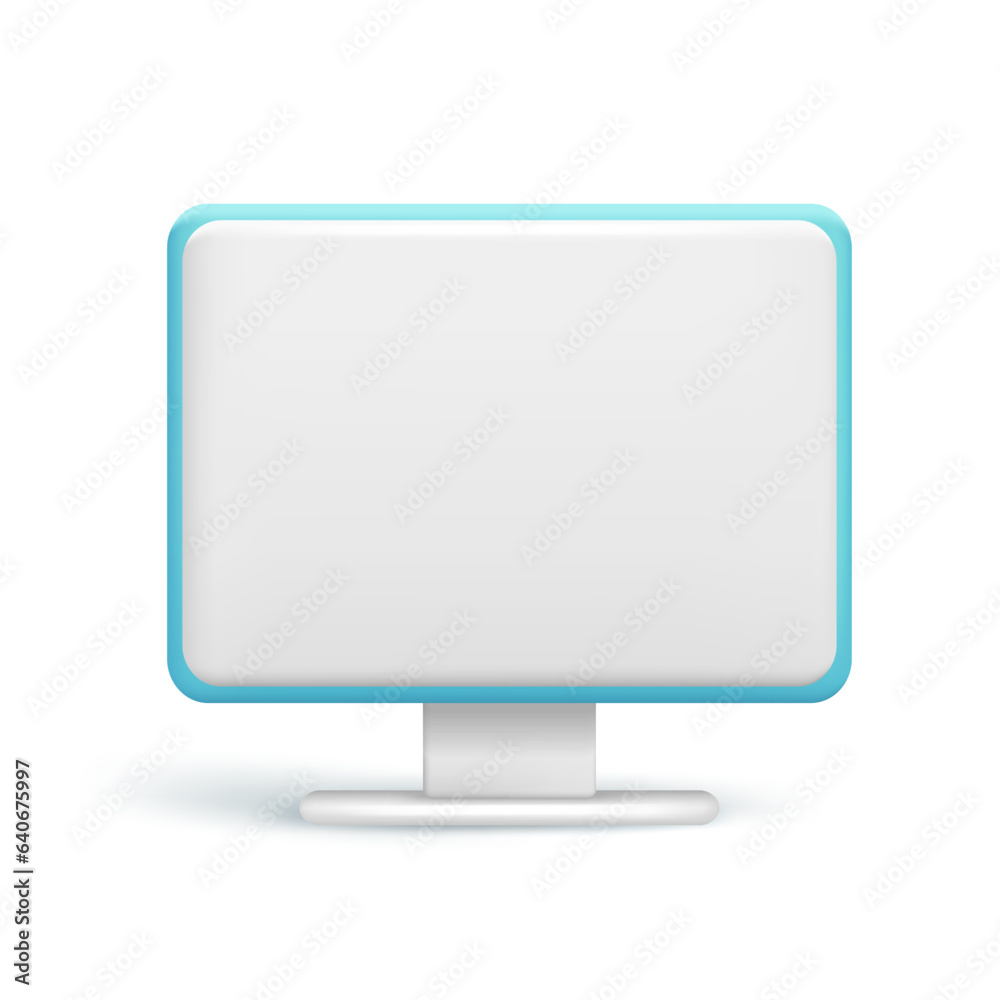Realistic 3d blue and white computer monitor with empty screen. Glossy 3d cartoon laptop, monoblock monitor, desktop computer icon, PC monitor. Vector illustration isolated on white background Realistic 3d blue and white computer monitor with empty screen. Glossy 3d cartoon laptop, monoblock monitor, desktop computer icon, PC monitor. Vector illustration isolated on white background