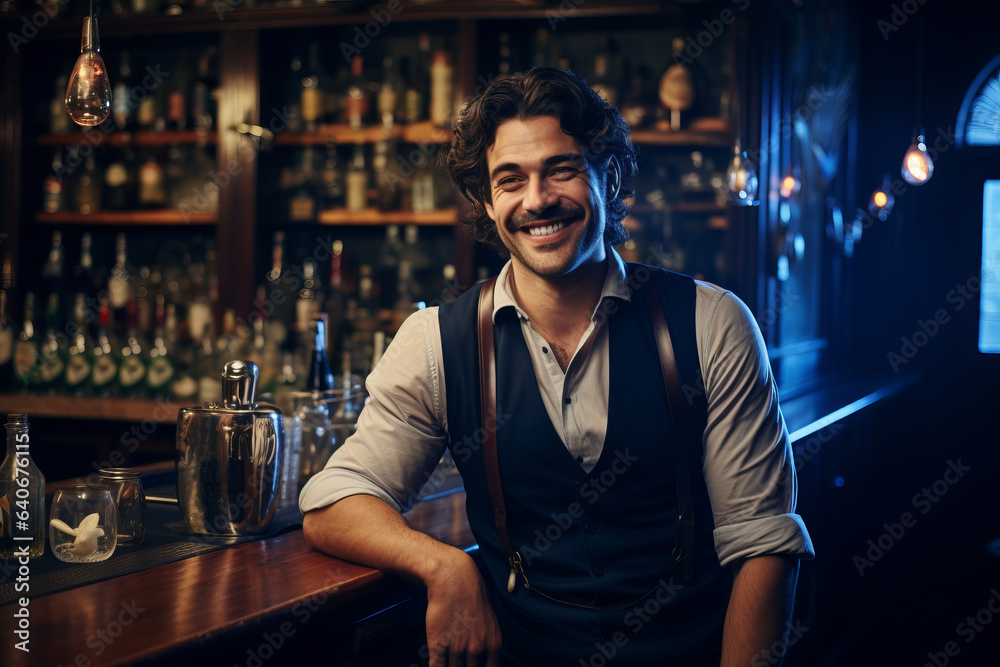 Cheerful male bartender behind the bar counter. Barman serving alcohol to guests at a nightclub.