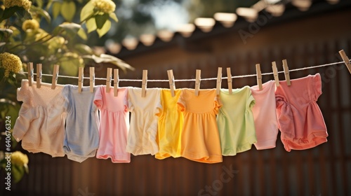 Colorful children s clothes are dried on the clothesline in the garden outside in the sun.