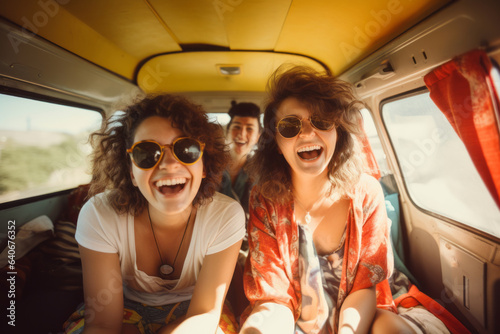 Group of happy young women sitting in a camper van. Girl friends having fun on a road trip on sunny summer day. © MNStudio
