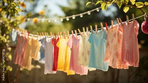 Colorful children's clothes are dried on the clothesline in the garden outside in the sun. © sirisakboakaew