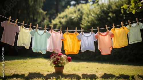 Colorful children s clothes are dried on the clothesline in the garden outside in the sun.