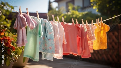 Colorful children s clothes are dried on the clothesline in the garden outside in the sun.