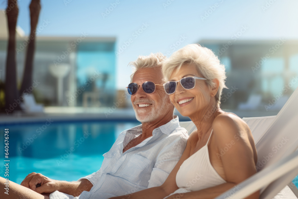 Cheerful senior couple lounging by a pool on sunny summer evening. Retired husband and wife going on vacation. Retirement hobby and leisure activity for elderly people.