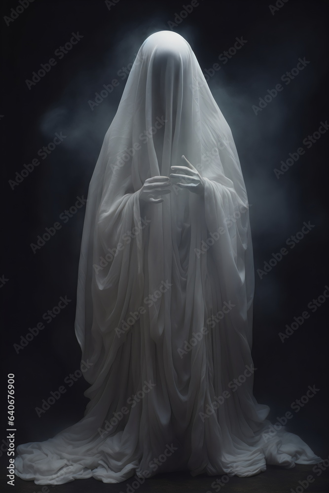 skeletal ghost with bony fingers in white flowing hooded robe with fog isolated on dark black studio background skeletal ghost with bony fingers in white flowing hooded robe with fog isolated on dark black studio background