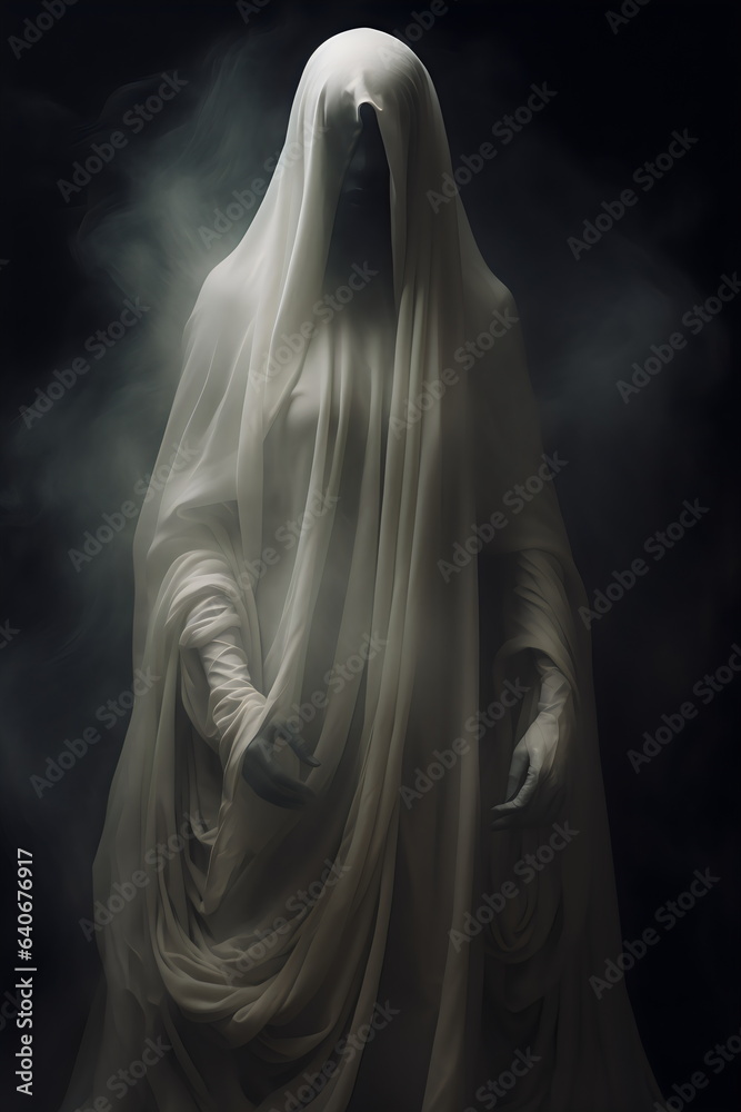 skeletal ghost in white flowing hooded robe with fog isolated on dark black studio background