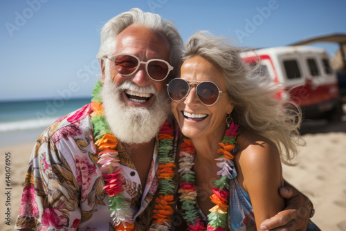 Cheerful senior couple lounging on a beach on sunny summer day. Retired husband and wife going on vacation. Retirement hobby and leisure activity for elderly people. © MNStudio