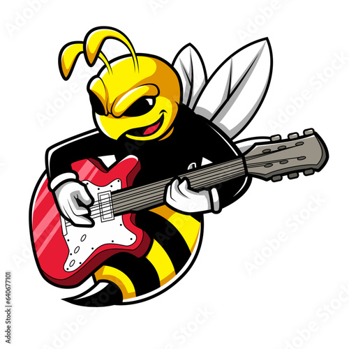 bee playing guitar mascot illustration