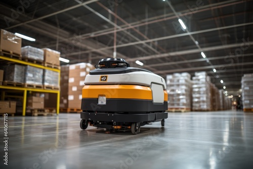 AGV (Automated guided vehicle) in warehouse logistic and transport. © sirisakboakaew